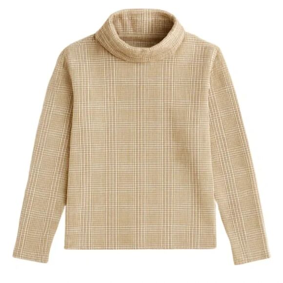 J.Crew Women’s Cowl Neck Plaid Fleece Lined Pullover Sweater L Beige Tan Check - Picture 3 of 7
